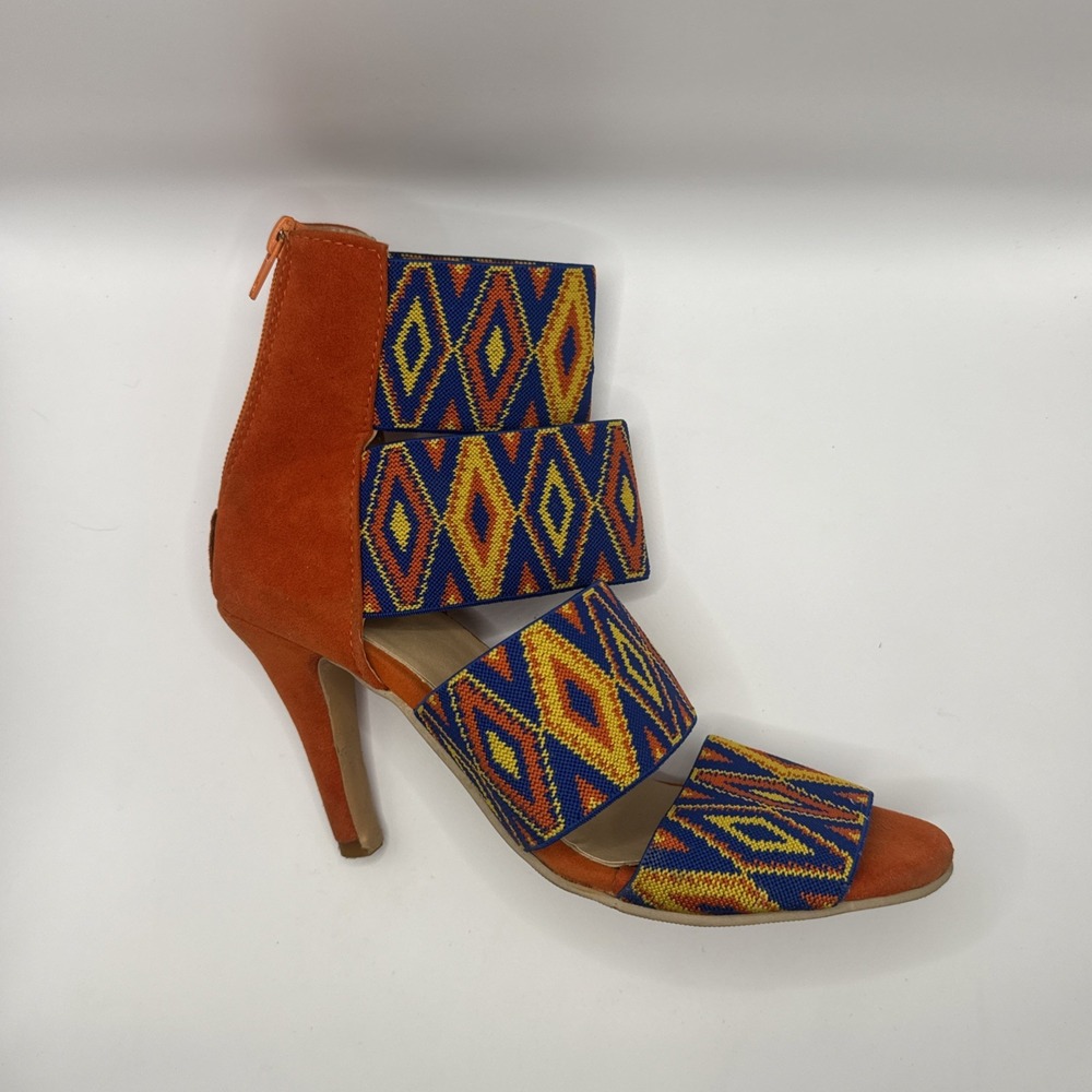 SHEIN Orange Multicolor Aztec Strappy Stiletto Heels Sz 6